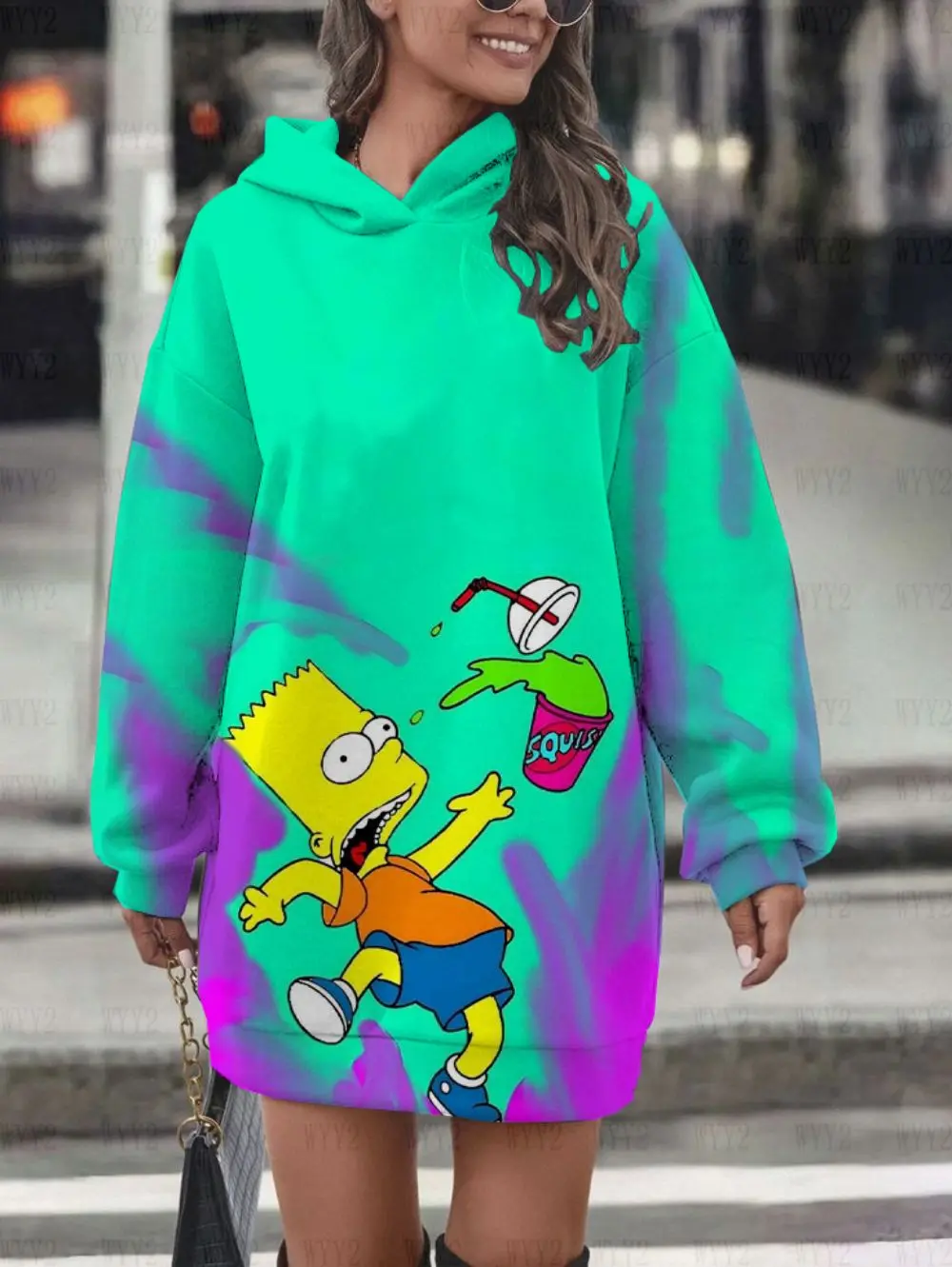 Street Style Clothing New Women's Casual Wear Autumn and Winter Long Sleeve Hoodie Dress Disney Simpsons Pattern