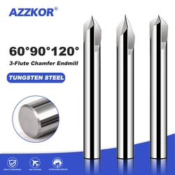 AZZKOR 60°90°120° 3-Flute Tungsten Steel Carbide Aluminum Straight Groove Chamfer Milling Cutter CNC Machine Machining Cutters