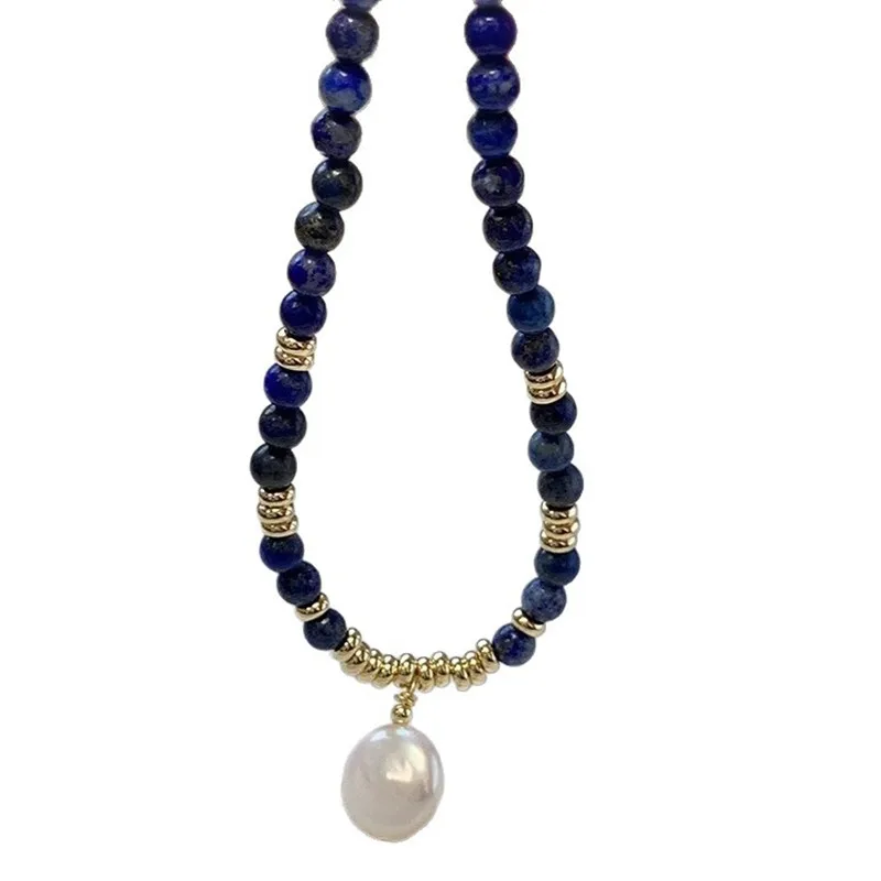 100% Natürliche Barocke Knopf-Süßwasserperlen & Lapislazuli-Perlen, 14K Vergoldete Damen-Anhänger-Halskette, Verblasst Nicht, Geschenk – Detail 9