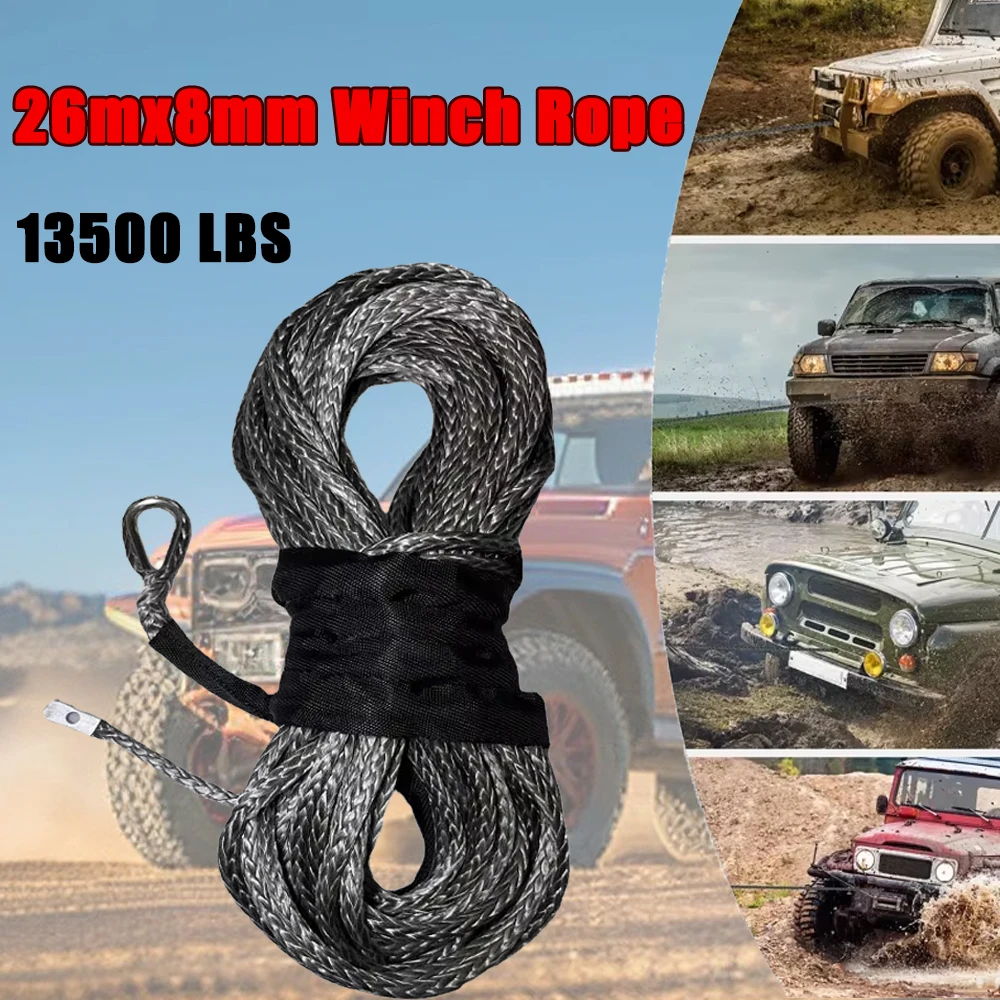 Tow Strap 26mx8mm 13500LBs Car Synthetic Winch Line Cable Rope 12 Strand String Cable for ATV UTV 4x4 Offroad Accessories