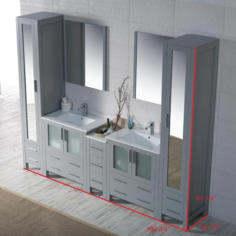 casa.102-In. Vanity da bagno doppio in legno massello con lavandini in ceramica, armadietto laterale e armadio in lino con doppio specchio |   Freestandi