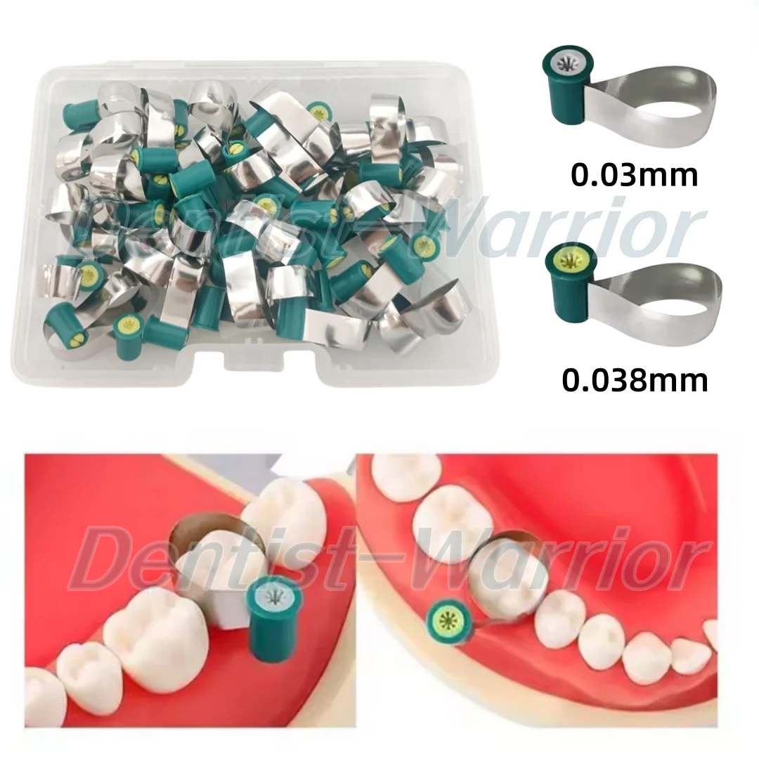 

Dental Matrix Bands Steel Double-Side Contoured Anatomically Shaped Matrix Bands Knob Type 0.03mm/0.038mm 50Pcs/Box