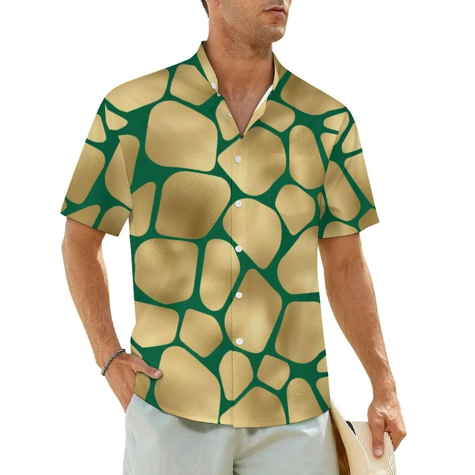 

Hawaiian Shirt Beach Giraffe Print Blouses Green and Gold Novelty Casual Shirts Man Short Sleeve Comfortable Plus Size Clothing