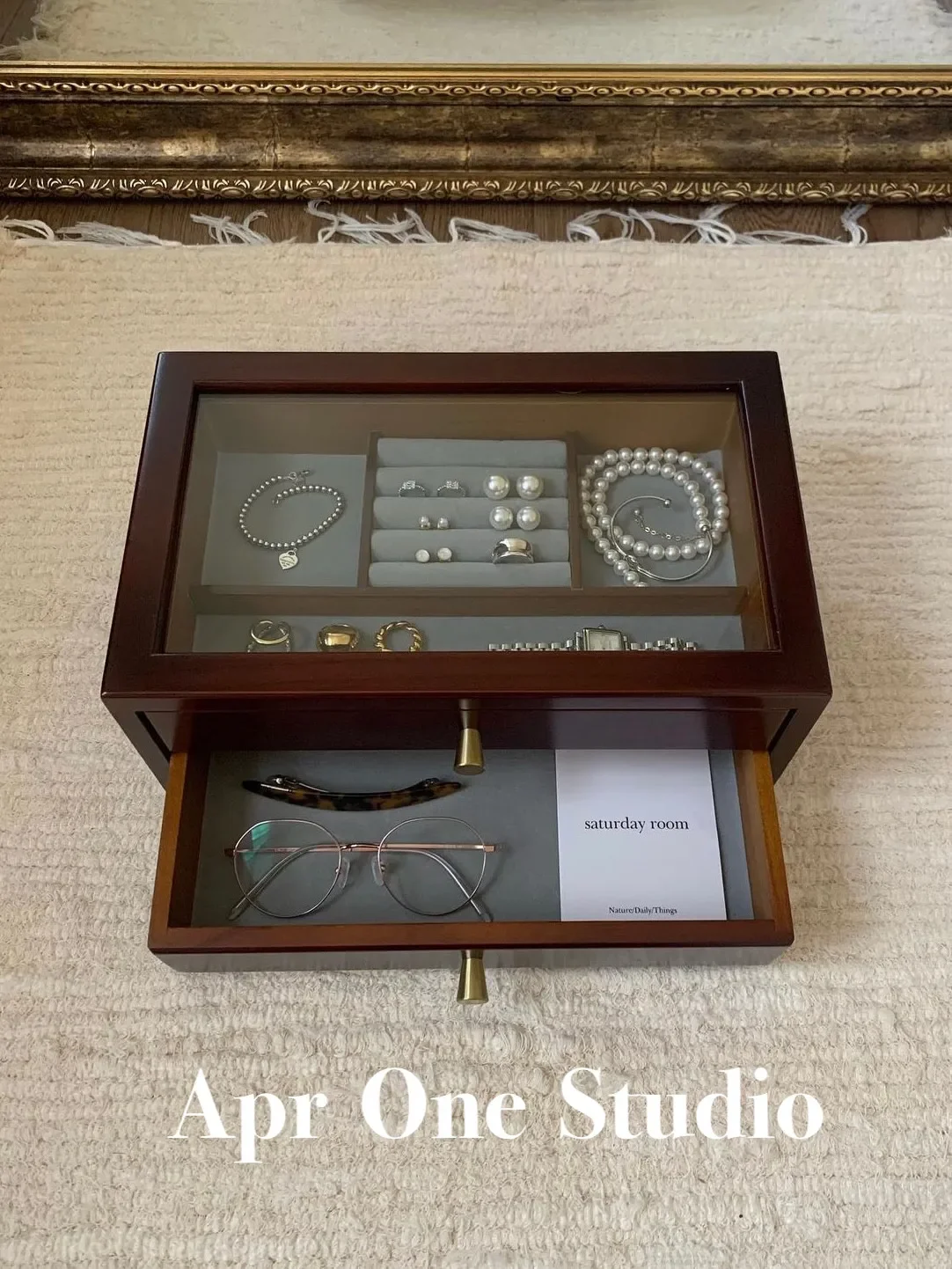 Walnut color double-layer practical retro jewelry box large capacity solid wood jewelry ring storage