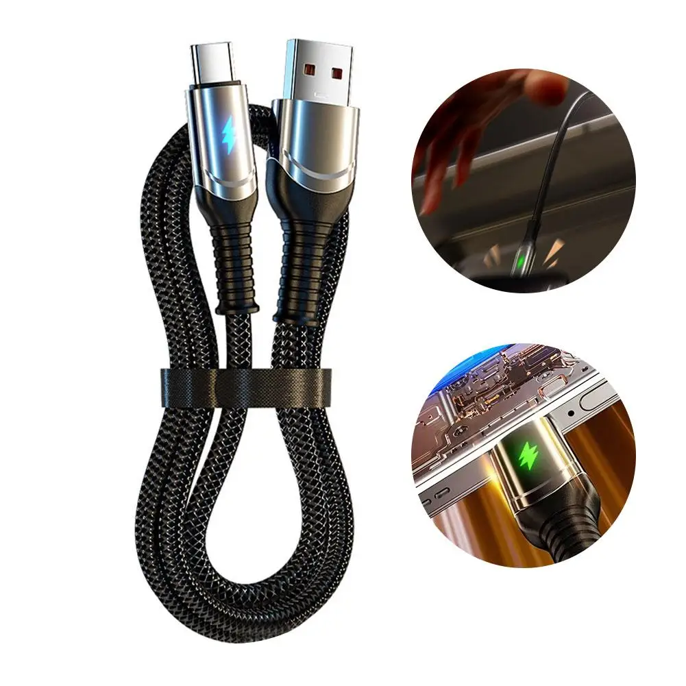 120 واط 6A نوع-C شحن سريع كابل بيانات التلقائي انقطاع التيار الكهربائي الحبل دائم مضفر شحن شاحن النايلون نوع-C البيانات بروتيك E1K8