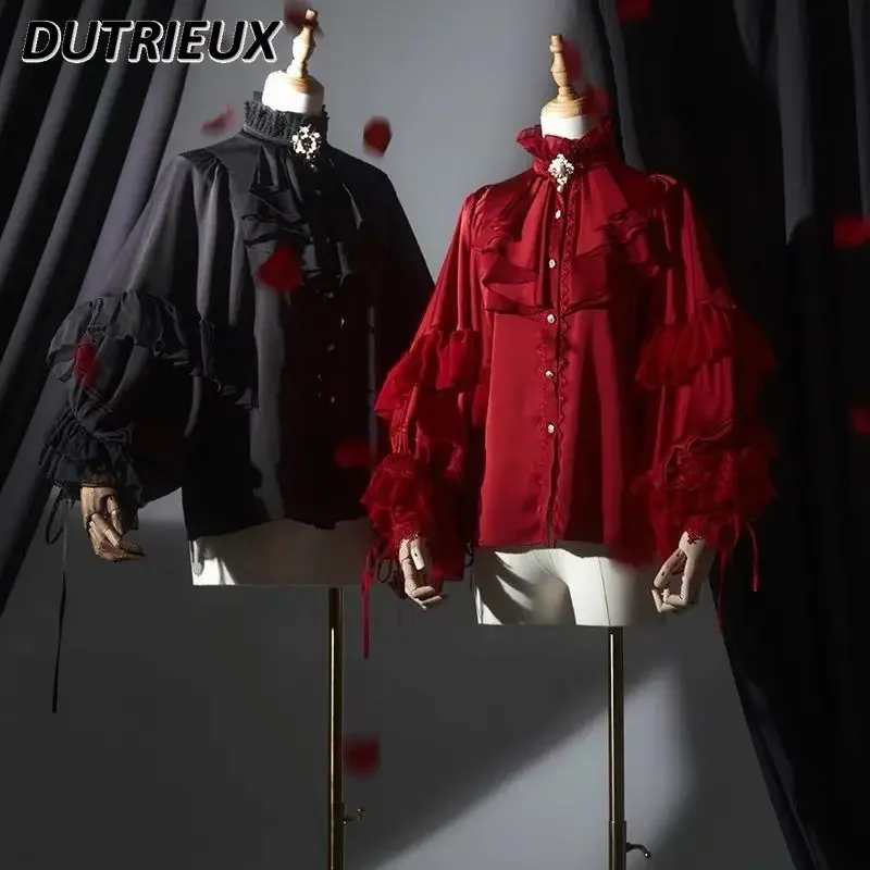 

2024 Summer New Dark Black Shirt Blouse Women Harajuku Lolita Cosplay Batwing Sleeve Loose Shirts Ruffled Long Sleeve Top Ladies