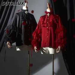 2024 Sommer neue dunkels ch warze Hemd Bluse Frauen Harajuku Lolita Cosplay Fledermaus Ärmel lose Hemden gekräuselt Langarm Top Damen