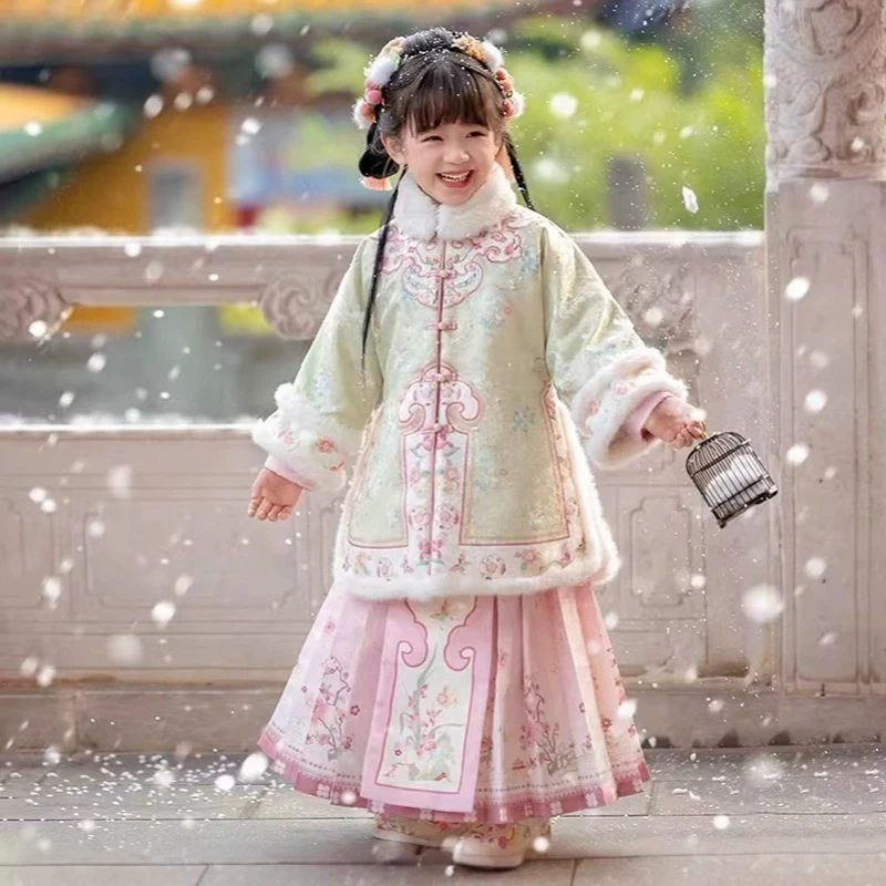 

Original Girls Winter Warm Hanfu Ancient Fairy Costume Quilted Horse-face Skirt Set Bbay Kids 2026 Chinese New Year Clothing