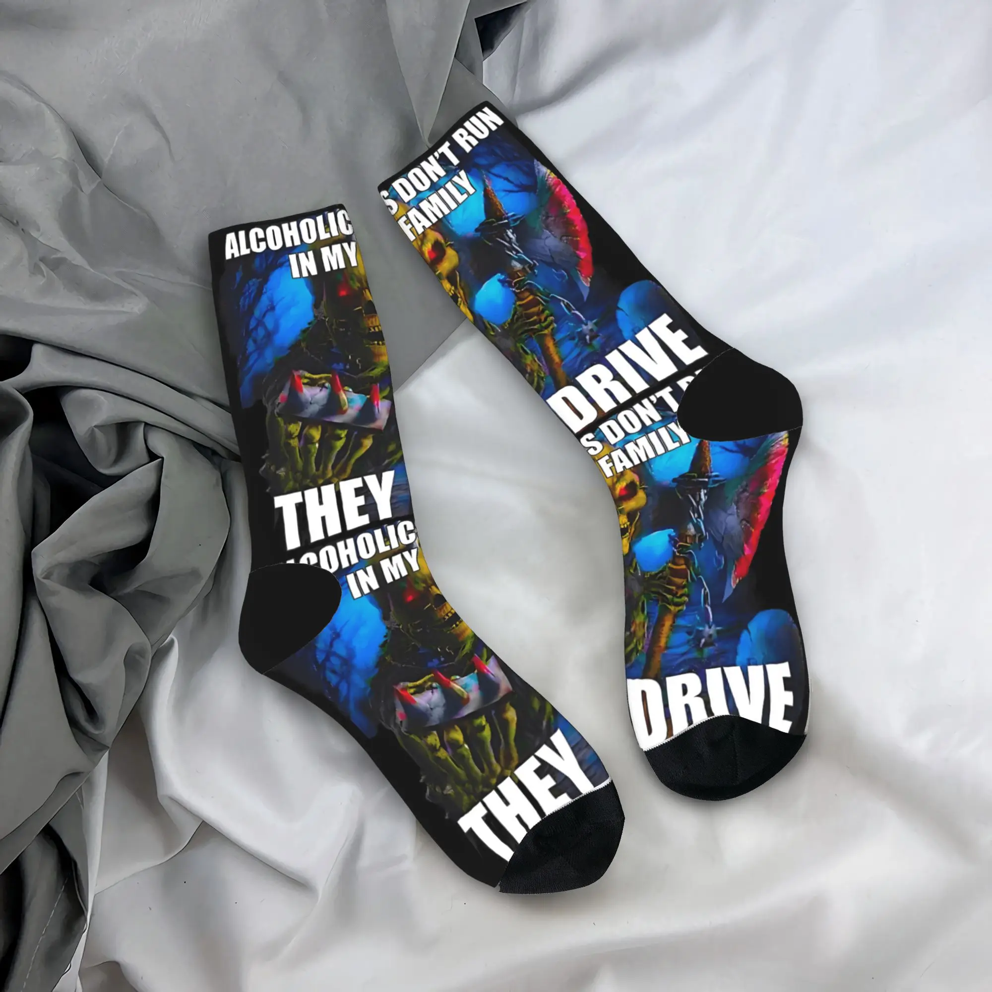 

Alcoholics Don't Run in My Family Socks Casual Stockings Autumn Non-Slip Men Socks High Quality Printed Skateboard Socks