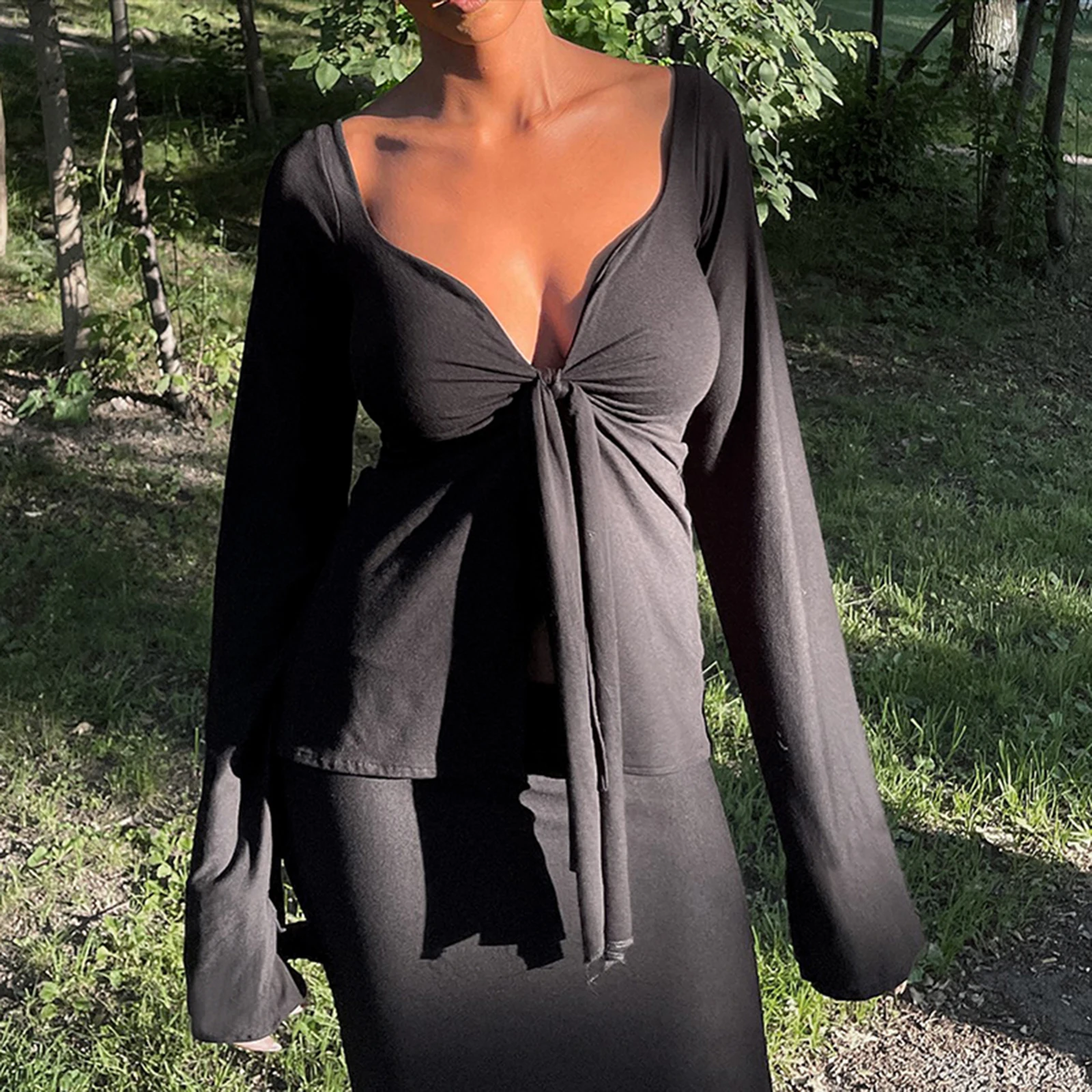 

Fashion Slim Fit Tops Womens Long Sleeve T-Shirts Solid Color Deep V-Neck Front Tie Split Bow Knot Casual