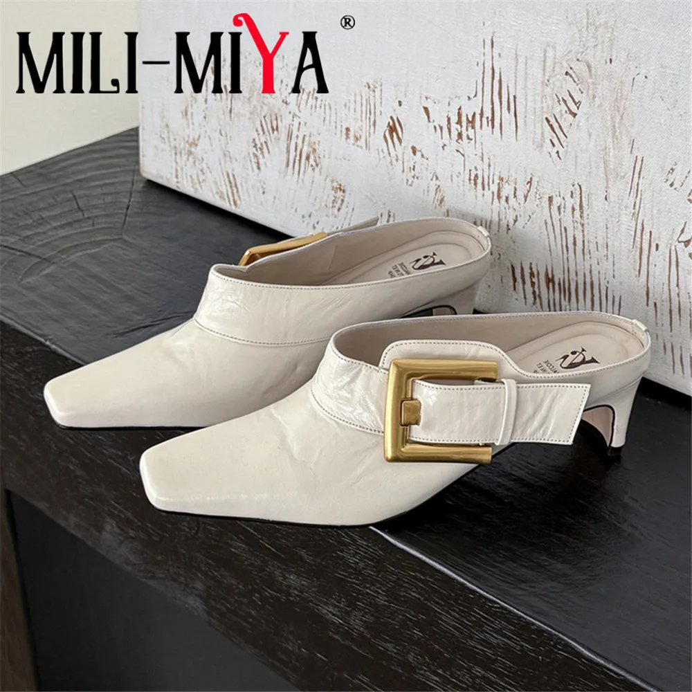MILI-MIYA Women Square Toe Full Genuine Leather Pumps Thick Heels Slip On Solid Color Steal Buckle Big Size 34-40 Handmade