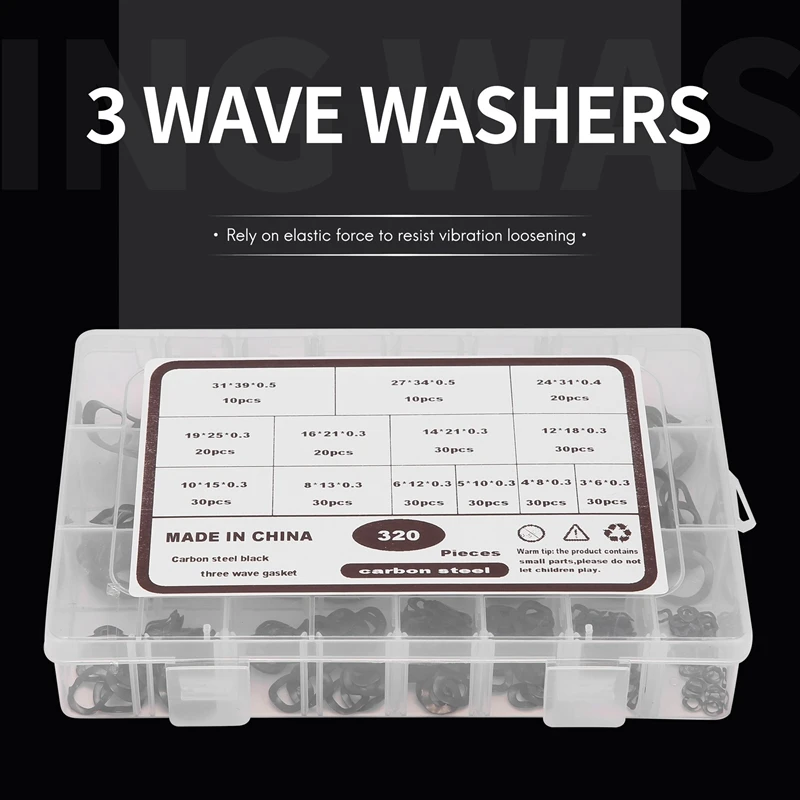 320Pcs Carbon Steel Compression Type Wavy Wave Crinkle Spring Three Wave Washers Assortment Kit