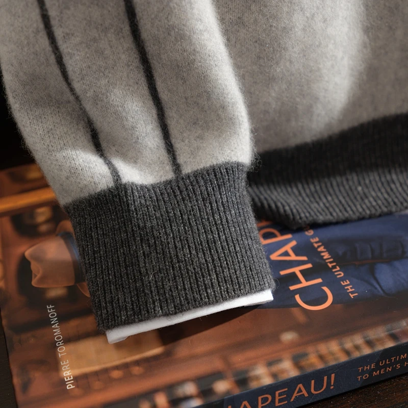 عالية الجودة 100% سترة الكشمير المعنقة الرجال نصف عالية الرقبة سستة سترة 2025 الخريف/الشتاء سميكة الدافئة المتناقضة سترة