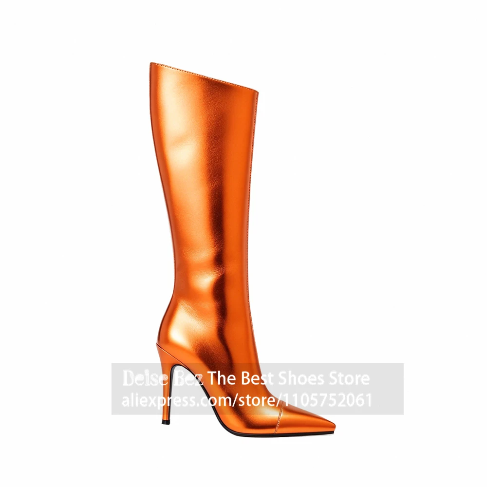 Metallic PU Leather Pointed Knee Boots Shiny Mirror Finish Tall Stiletto Heel Winter Boots Concise Minimalist Side Zipper Boots