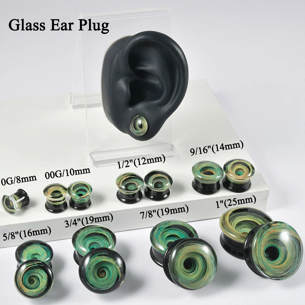 1 paio di tappi per le orecchie con motivo a vortice solido in vetro Pyrex convesso doppio svasato Ear Gauge Expander Body Piercing Jewelry 8-25mm