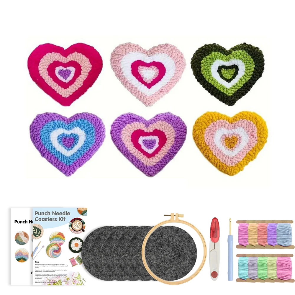 GATYZTORY Punch Needle Coasters Kit For Adults Punch Needle Embroidery Set 6 pcs Heart Pattern DIY