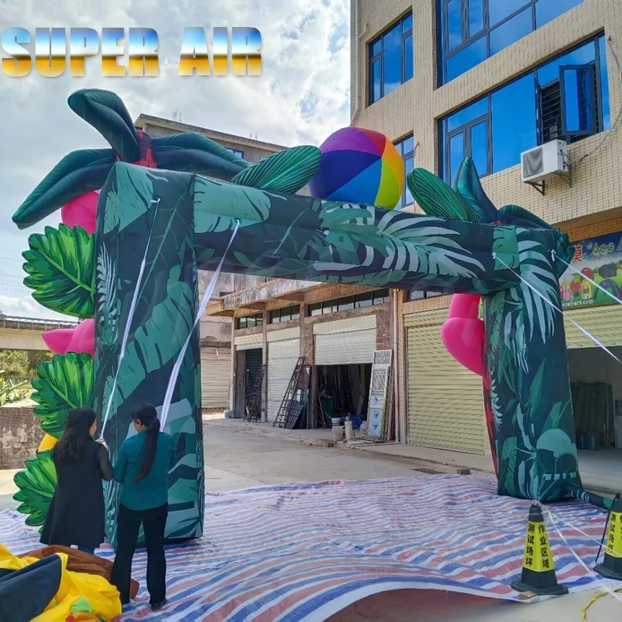 Summer Beach Party Outdoor Tropical Inflatable Arch, Palm Tree Entrance Decoration with LED Light, Inflatable Flamingo Arch
