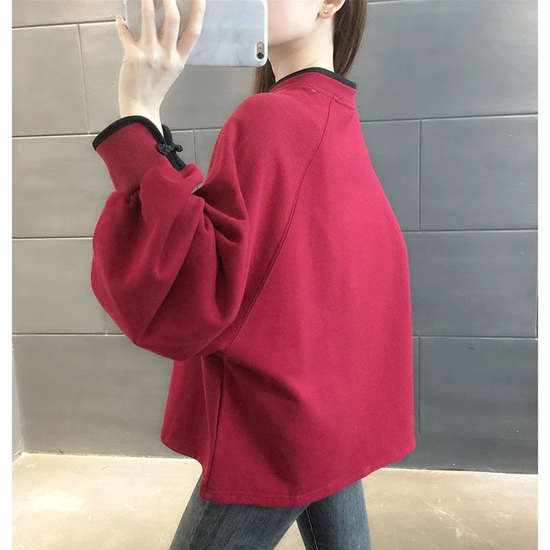 Fashion Stand Collar Button Printed Casual Sweatshirts Female Clothing 2023 Winter Loose All-match Tops Korean Warm Sweatshirts