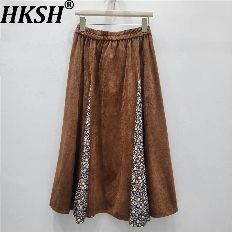 

HKSH осенне-зимняя новая женская юбка из искусственной замши с эластичной резинкой на талии и цветочным принтом в стиле пэчворк, элегантные юбки трапециевидной формы в стиле ретро Y2K HK14502