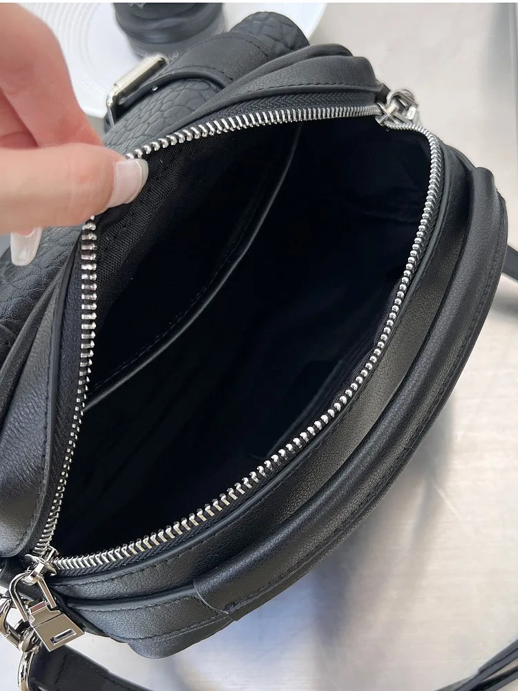 Bolso cruzado informal de un solo hombro para mujer, bandolera negra versátil de cuero genuino de piel de oveja, a la moda