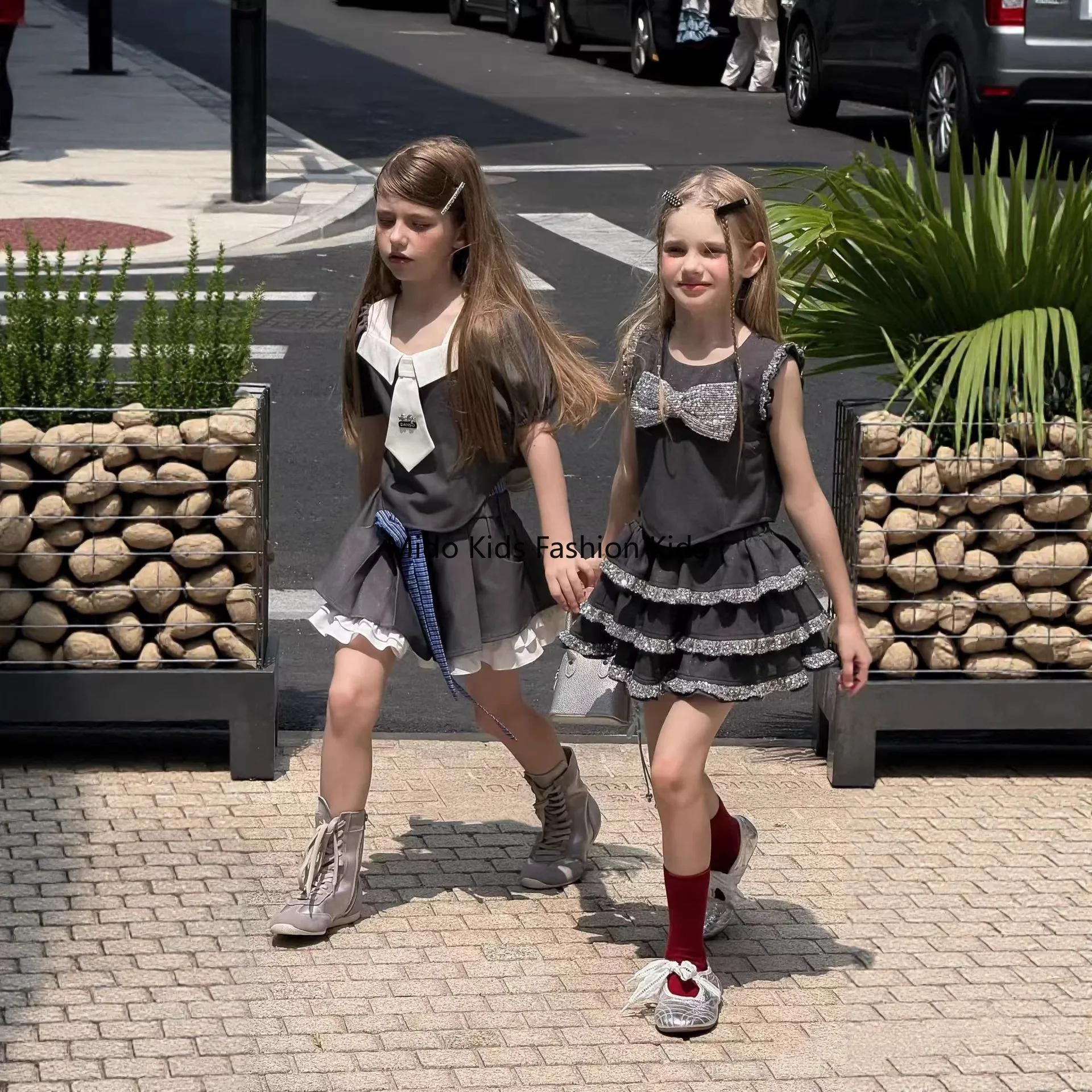 2026 Summer Kids1-10Y Girls 2PCS Outfit Sequin Bow Tie Top & Skirt Set Fashion Children Clothing for 90-140cm