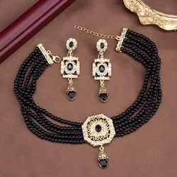 Sunspicems Algeria Beads Choker Necklace String Neck Chain Square Earring For Women Morocco Caftan Jewelry Arabic Bridal Bijoux