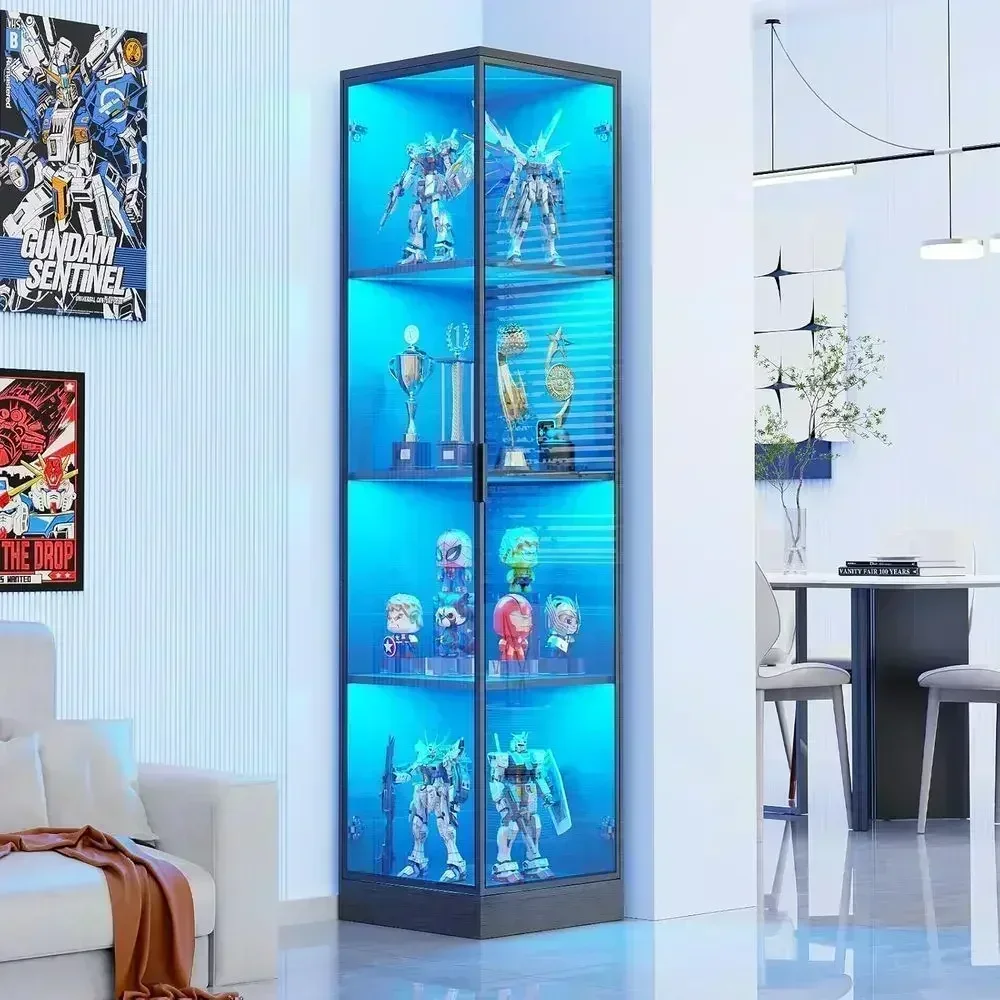 

Illuminated 4-Tier Display Cabinet with Door for Collectibles, Black (15.7 W)