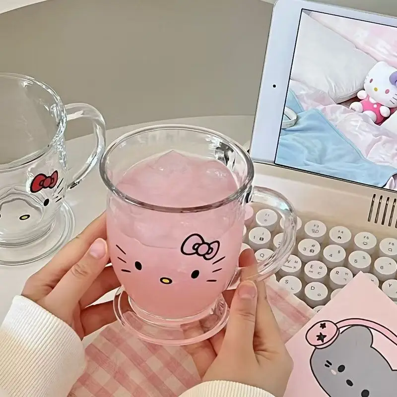 

New Cartoon Cute Hello Kitty Y2K Printed Ins Personalized High Beauty Water Cup Breakfast Home Glass Juice Milk Cup Gifts Girls
