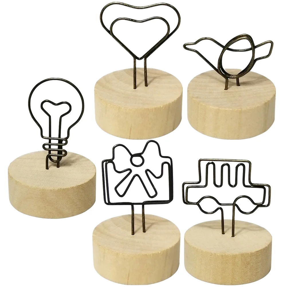 

5 Pcs Wooden Base Memo Holder Table Number Holders Display Stand Stickers Cable Small Card Picture