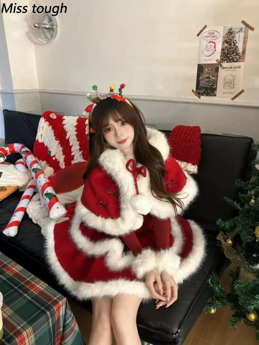 Merry Christmas Japanese Gothic Lolita Women 2 Pieces Set Fur Cloak Coat + Slim Fit Thicken Dress Harajuku Party Vintage Outfits - view 6