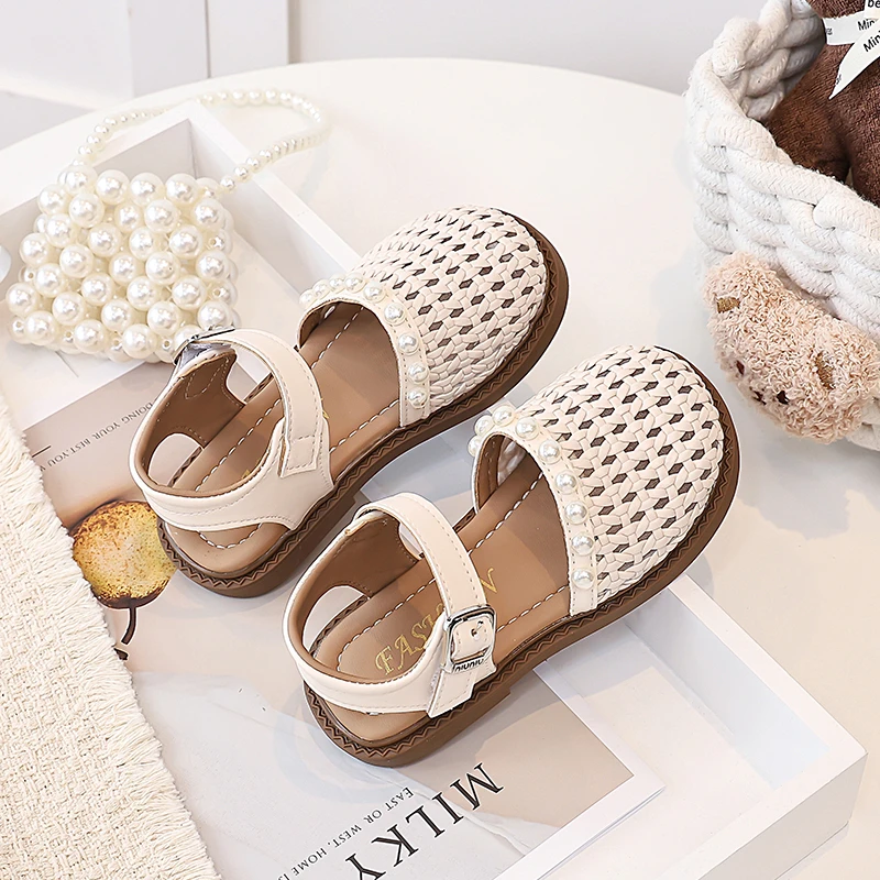 Toddler Girls Braided Sandals with Shiny Beaded 2026 New Summer Kid Vacation Beach Sandals Soft Sole Simple Princess Party Flats