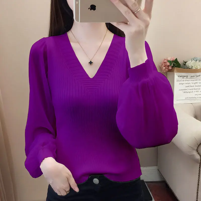 Fashion Solid Color V-Neck Spliced Oversized Lantern Sleeve Blouse 2022 Autumn New Commute Women\'s Clothing Loose Casual Shirt