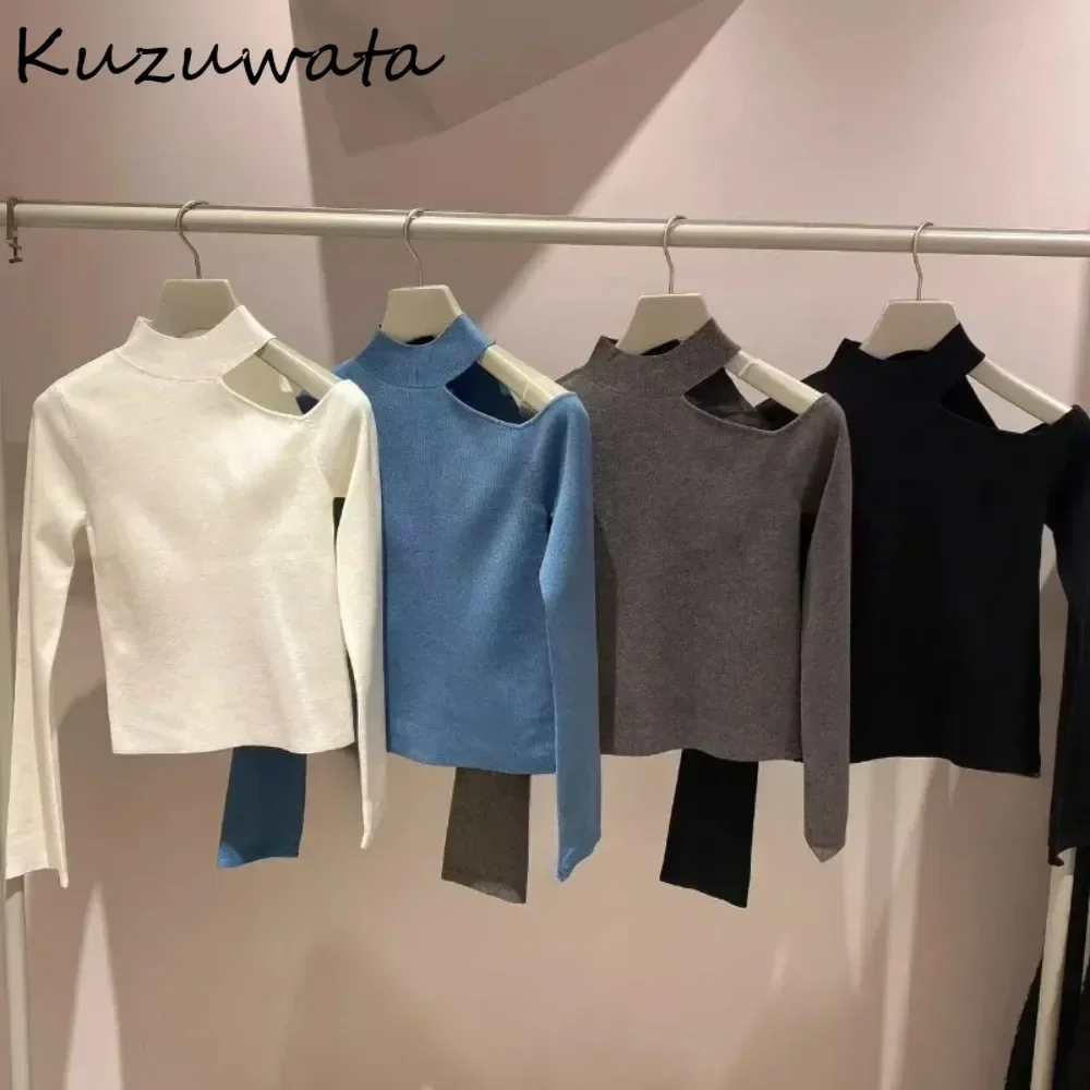 Kuzuwata Simple Soft Solid Half-high Collar Crop Top Off Shoulder Sexy All-match Casual Knitted Japan Spice Girl Slim Undershirt