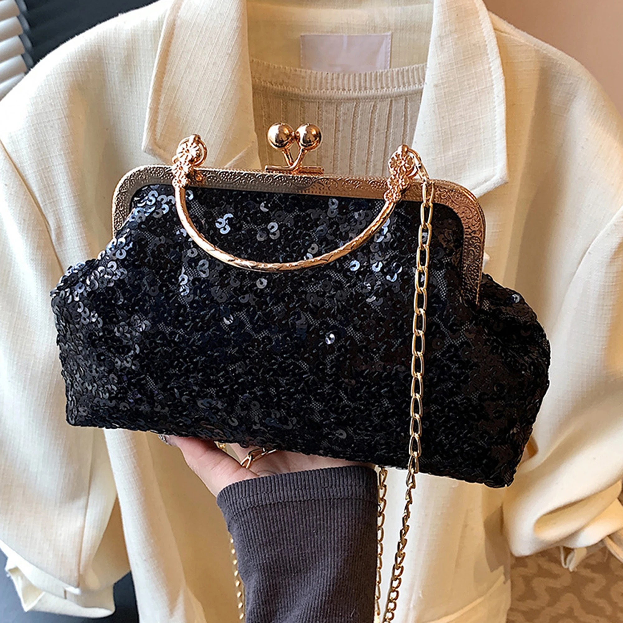 محفظة كلاتش أنيقة مزخرفة بأحجار الراين مع حزام سلسلة قابل للفصل للحفلات المسائية والمناسبات الخاصة #4