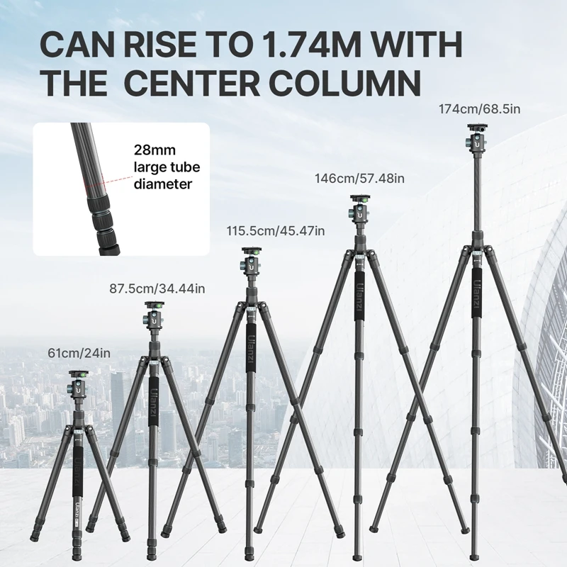 Ulanzi MT-61 Carbon Fiber Travel Tripod 1.74M Height 360 Panoramic Head Tripod Monopod Foldable Design with 1/4 Screw