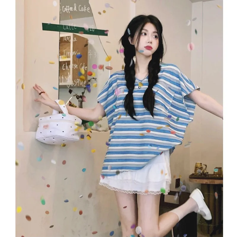 loose-women's-v-neck-t-shirt-blue-white-stripes-creative-design-casual-ageless-style-comfortable-fashion-summer-top