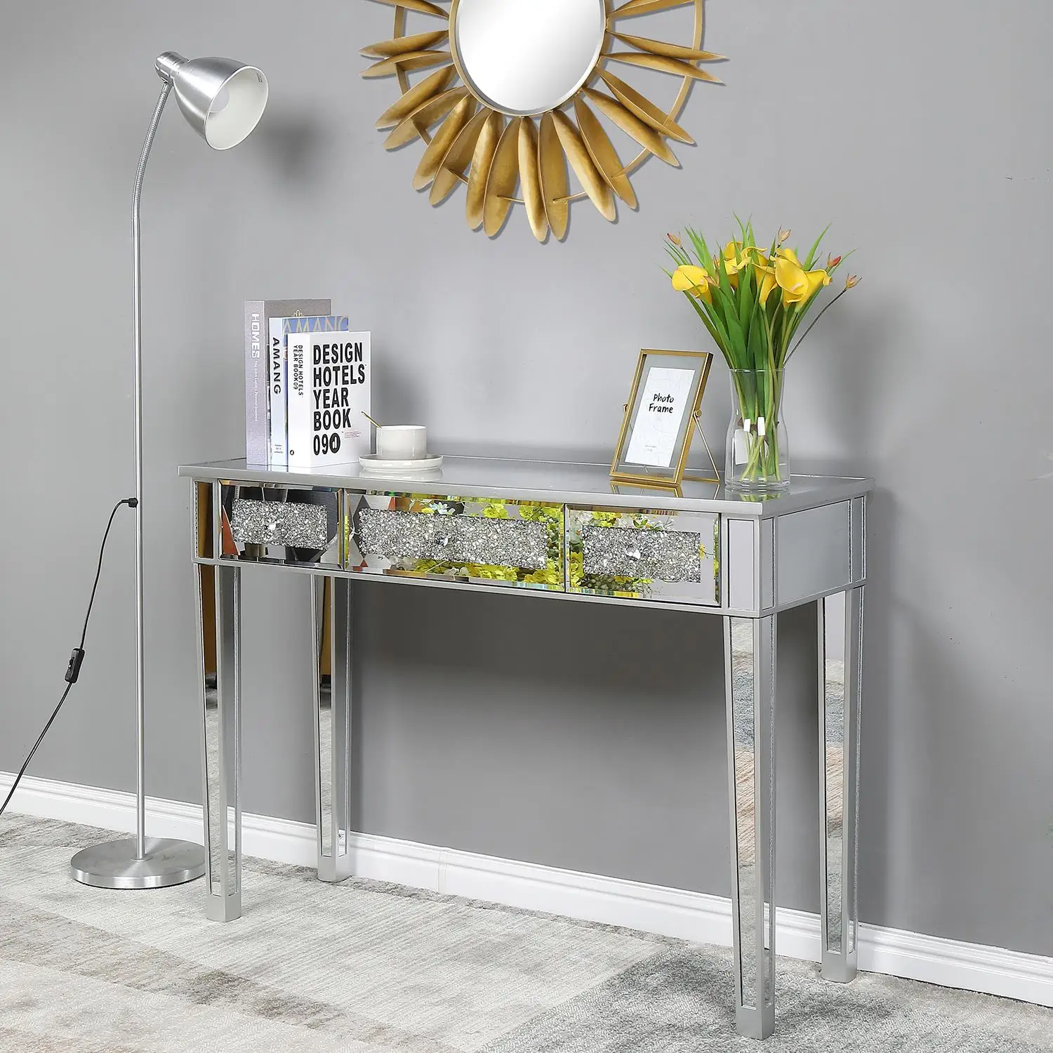 Silver Mirror Finish Glass Top 3-Pump Computer Desk - Stylish & Modern Design