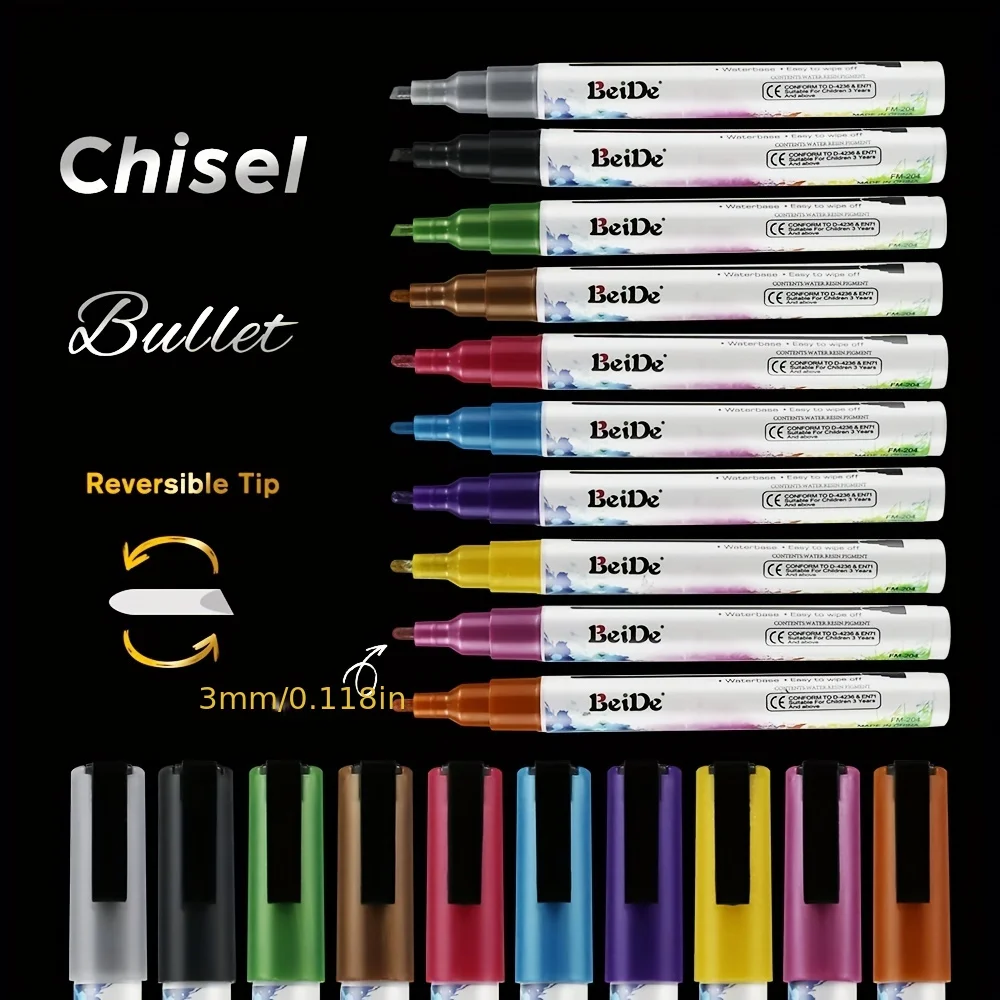 Fine Tip 10 Metallic Colors Liquid Chalk Marker Pen for Chalkboard, Window, Bistro, Car Glass, Board, Mirror, Erasable