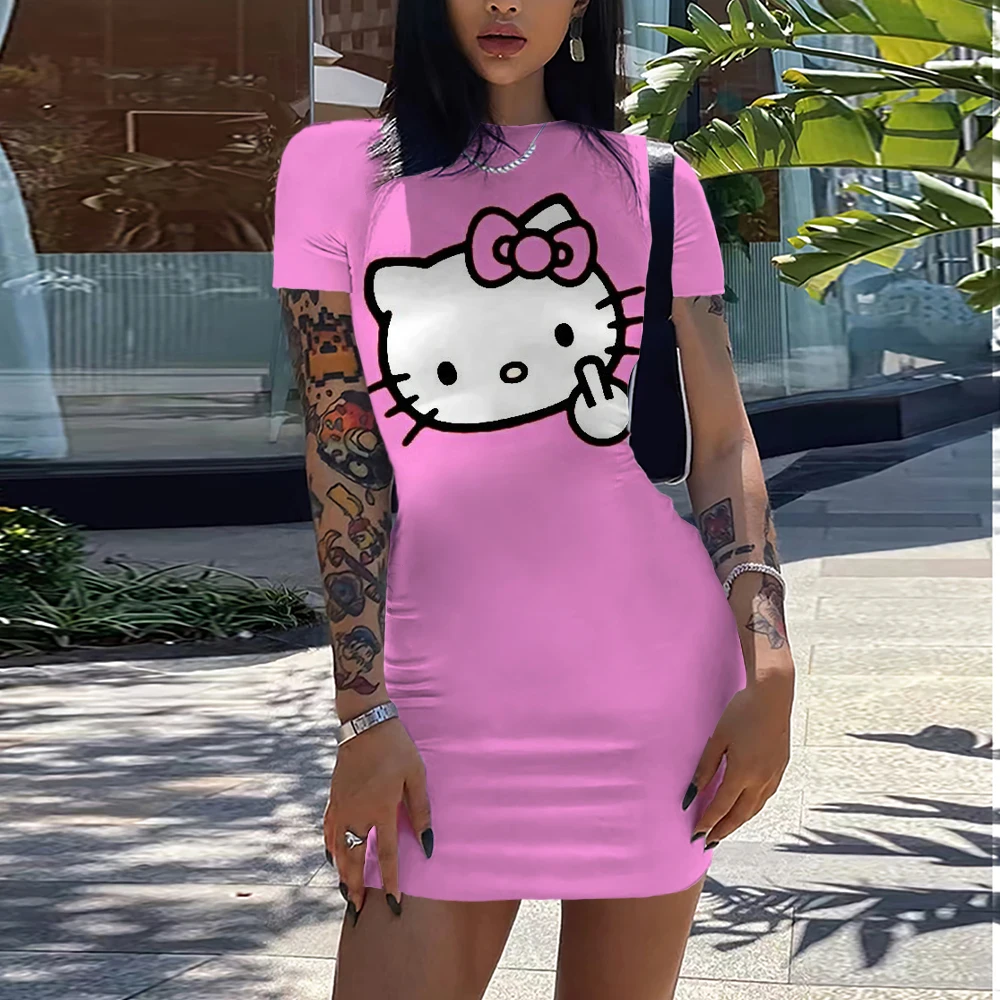 Hello Kitty Printed ladies dresses evening dress Bodycon Dresses for Women Short Sleeve Slim Bodycon Dress Casual Pencil Dress