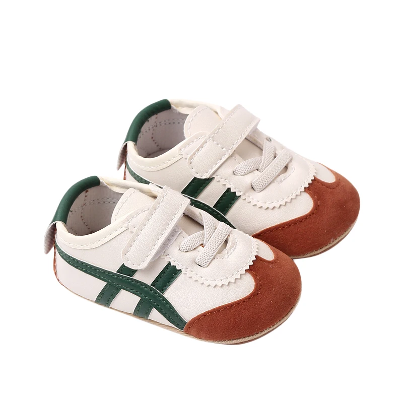 Infant Boys Girls Sneakers Casual contrasto colore Stripe Print PU Leather suola in gomma scarpe neonato antiscivolo Soft Baby