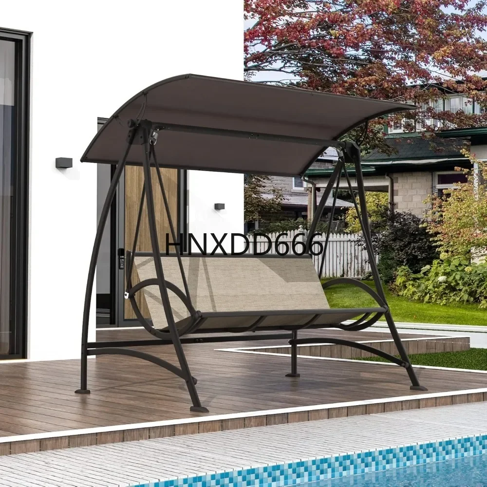 Adjustable Canopy, 3-seat Swing with Stand, Outdoor Swings w/Armrests, Weather Resistant Steel Frame and Textilene, Patio Swings