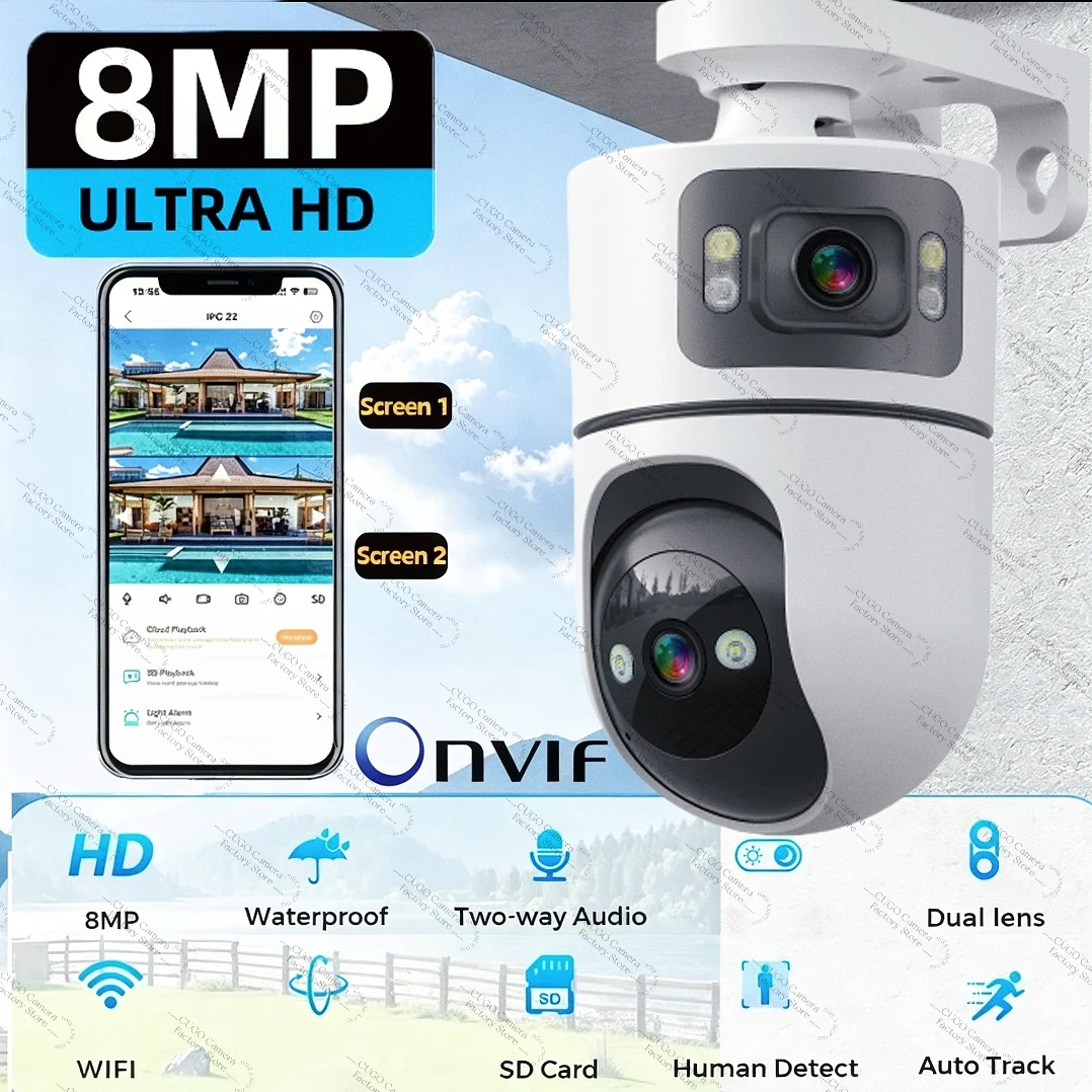 8MP 4K Wifi Surveillance Camera Dual Lens Auto Tracking 10X Zoom ptz camera Security Protection Surveillance Onvif HD Camera