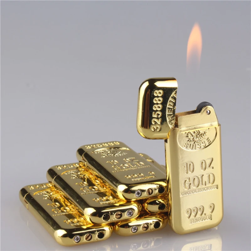 Wholesale 50Pcs Luxury Fancy Design Cigarette Lighter Refillable Metal Gold Brick Gold Bar Butane Gas Lighter