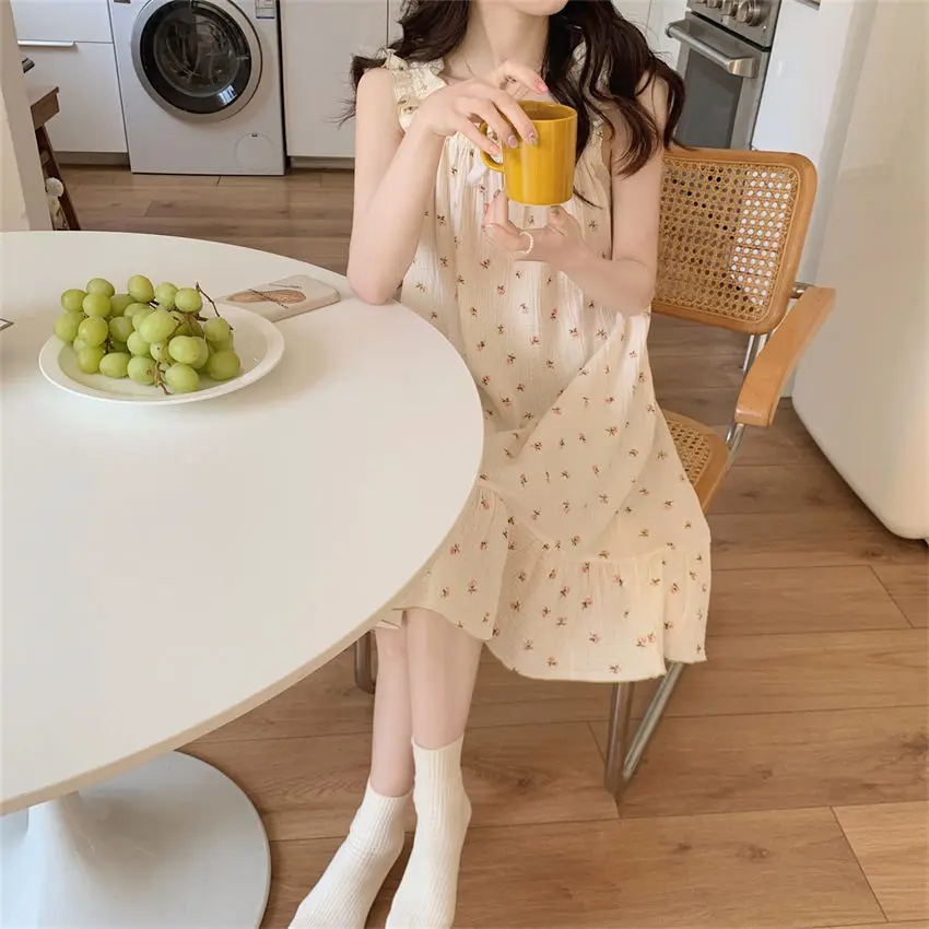 Korean Style Nightgown Sleepwear Womens Floral Night Dress Summer Bow Sleep Nightwear Ruffles Pajamas Spaghetti Strap Home Wears