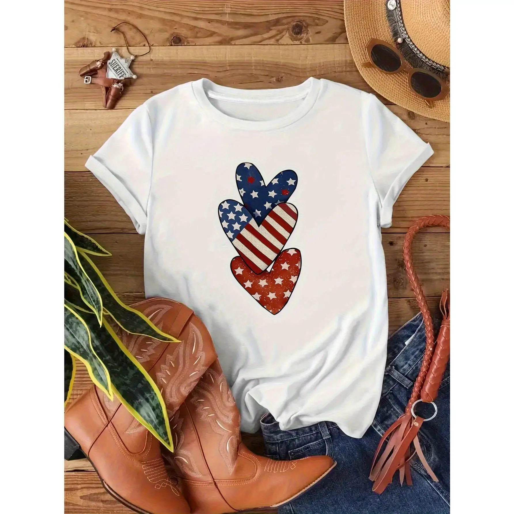 

Women's Patriotic American Flag Heart Graphic T-Shirt - 100% Cotton Relaxed Fit Casual Short Sleeve Top, Machine Washable Round