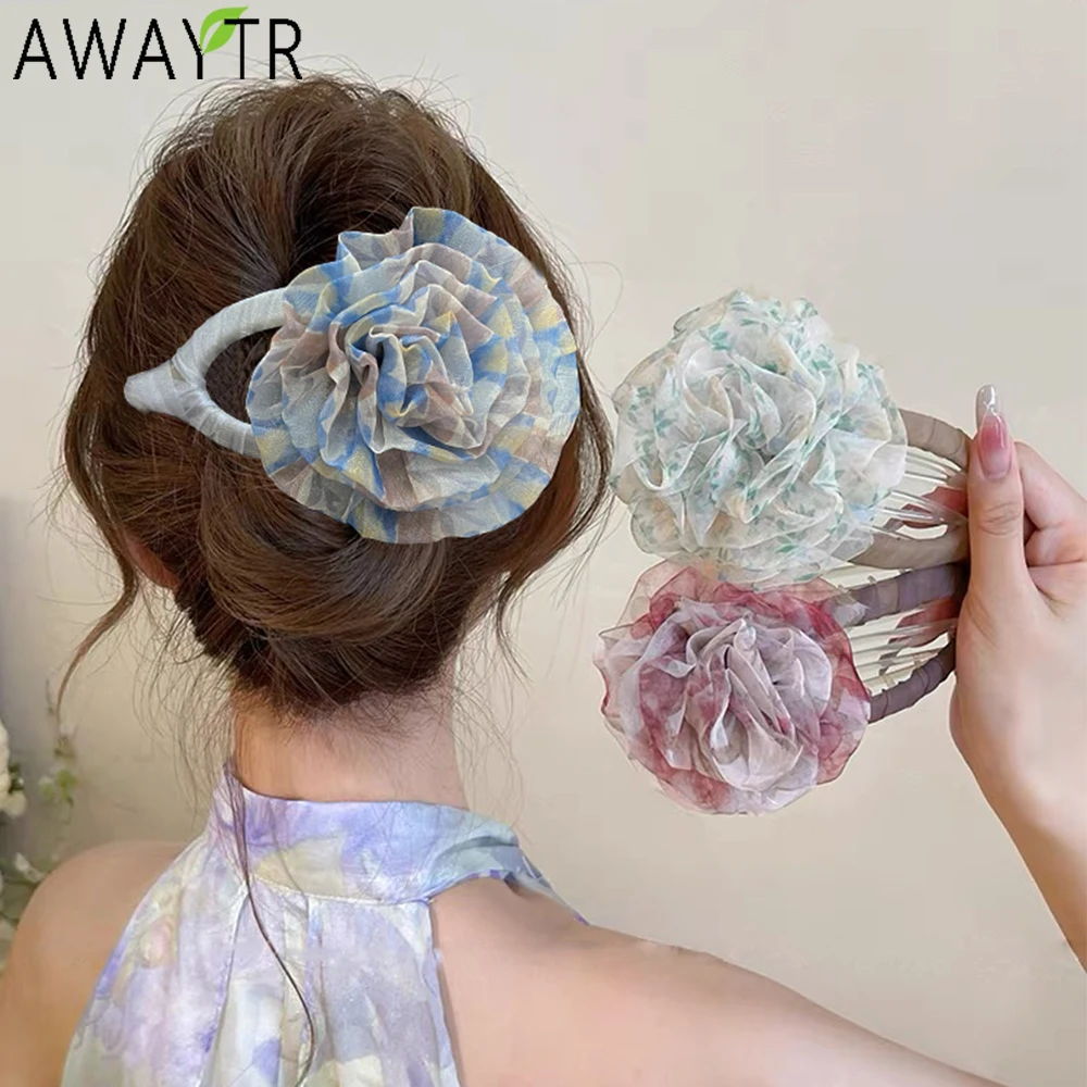 

AWAYTR Soft Gauze Rose Ponytail Comb Hair Claws Fashion Fabric Hair Clip Crab For Girl Gift Hair Accessories Valentine Headwear