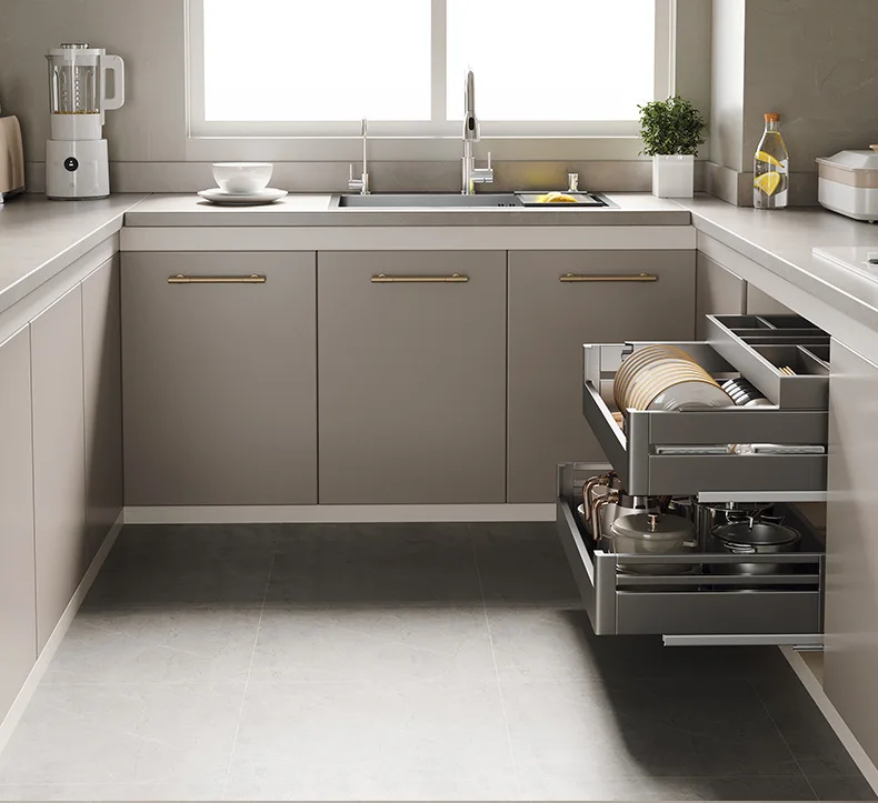 -oo Dark Gray Luxury Modern Kitchen Drawer-style Stainless Steel Cabinet Three Tiers Fully Open Drawers for Storing Condiments