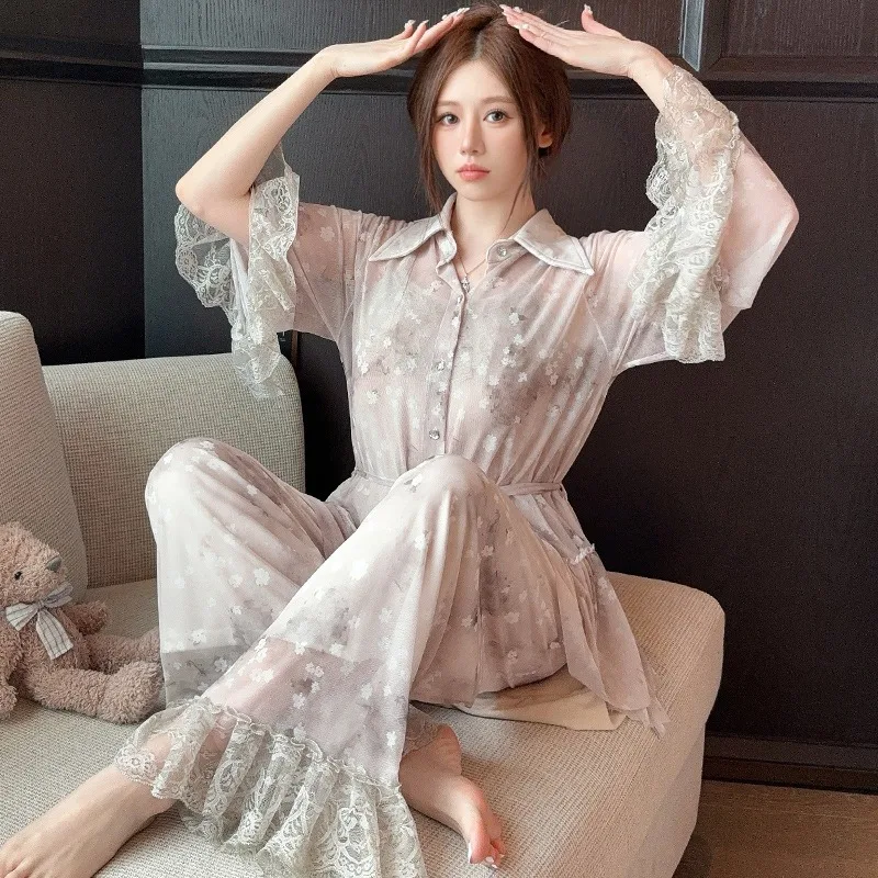 Summer Fairy Style Three Piece Lace Mesh Nightdress Set Long Sleeves Chest Pad Retro Court Design XXL Size Sweet Elegant Cozy
