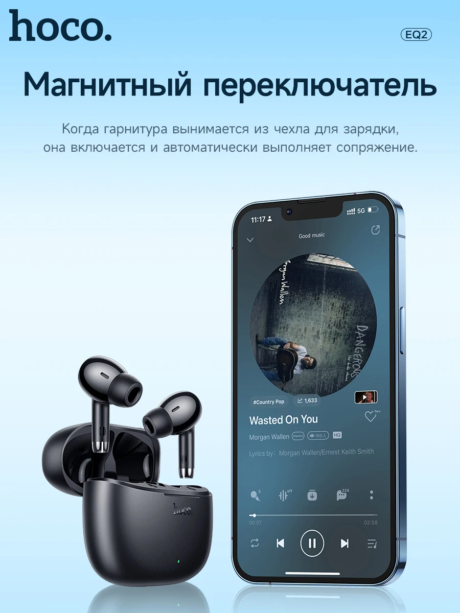 HOCO EQ2 TWS Bluetooth 5.3 Earphones With 7H Playtime Waterproof Low Latency Gaming HIFI Stereo Bass Touch Control For Sports - Image 5