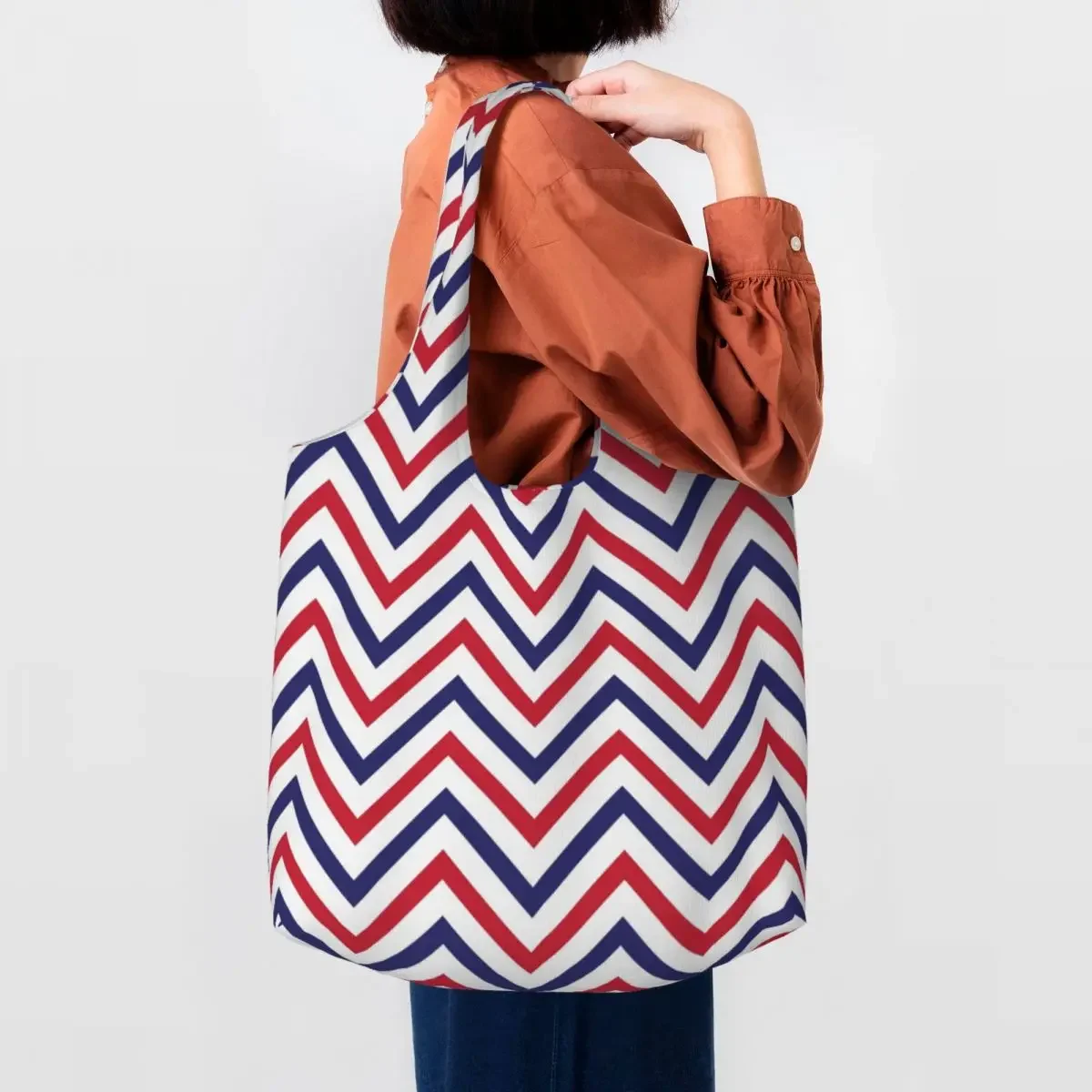 

Funny Printed Chevrons Stripes Red Purple Shopping Tote Bag Washable Canvas Shoulder Shopper Bohemian Modern Geometric Handbag